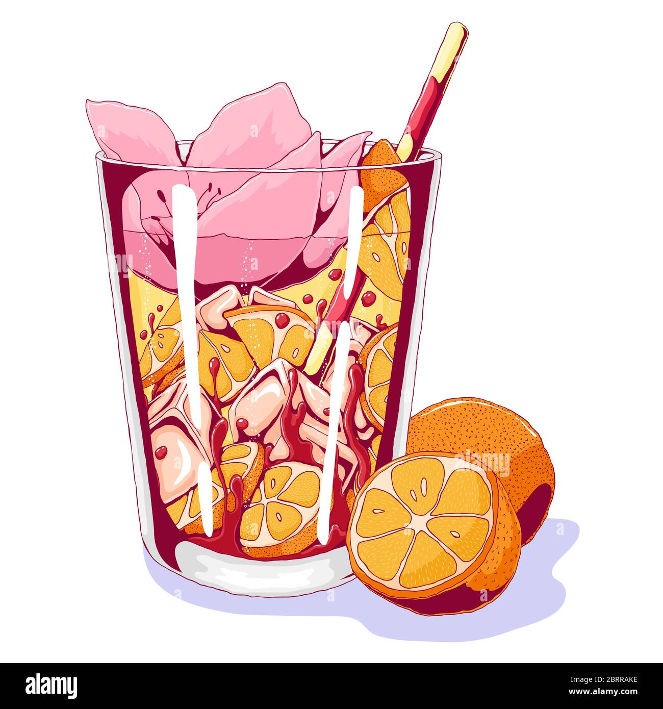 Tequila lever du soleil avec des fruits orange et des fleurs tropicales. Illustration vectorielle dessinée à la main d'un cocktail de plage populaire isolé sur fond blanc. Fête, Illustration de Vecteur