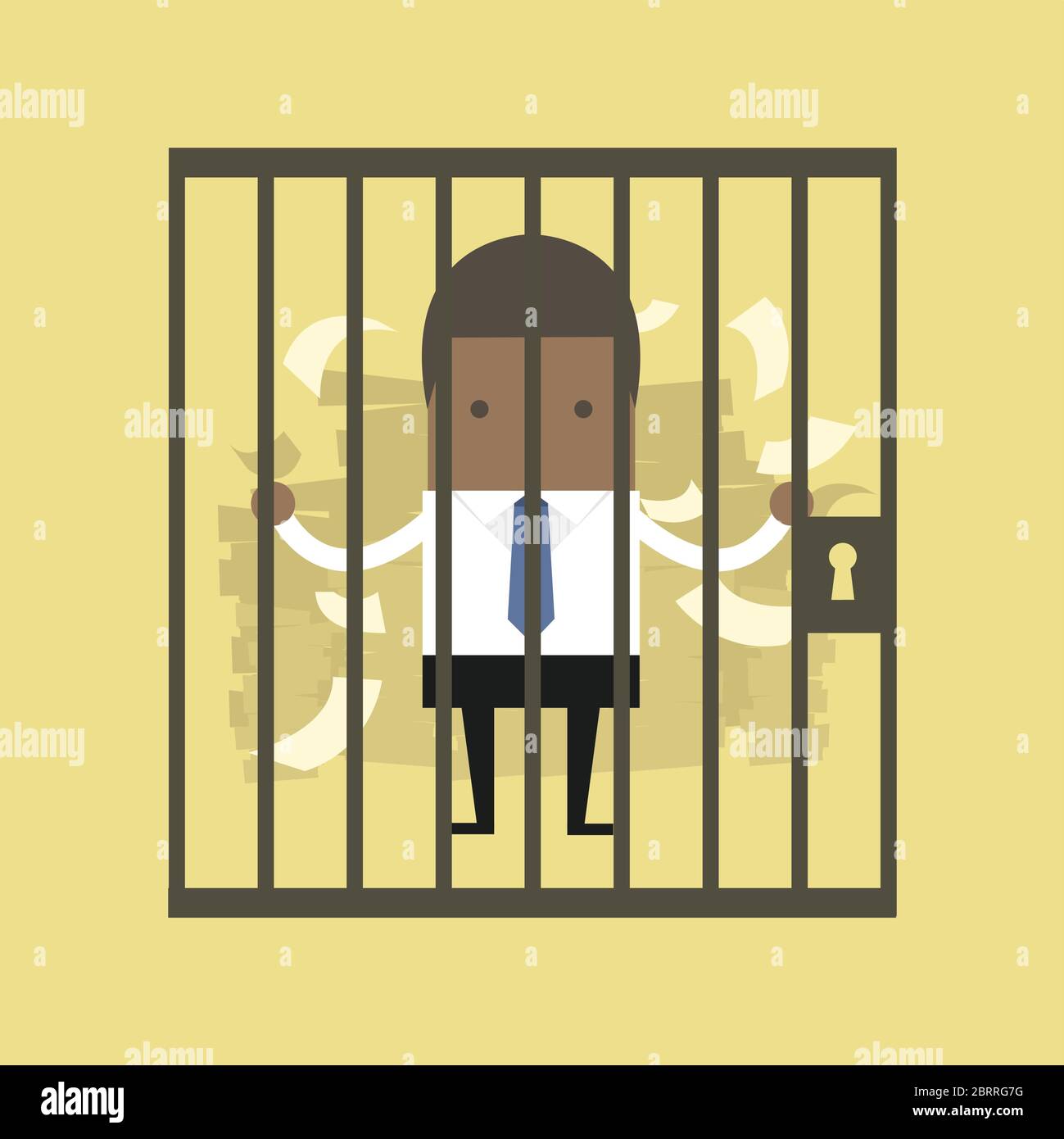 Un homme d'affaires africain pris dans une prison avec un travail inachevé. Illustration de Vecteur