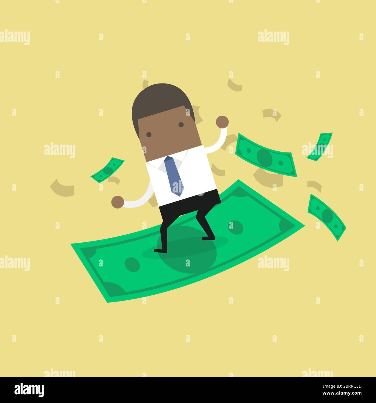 Homme d'affaires africain surfant sur l'argent. Illustration de Vecteur