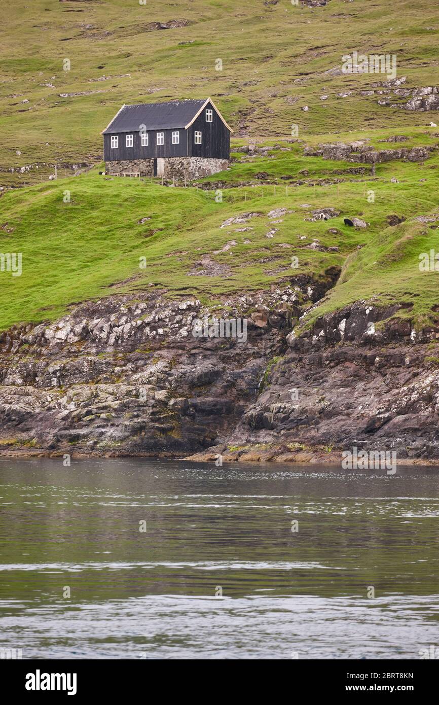 Côte rocheuse paysage vert de la région des faroese avec maison pittoresque traditionnelle. Nordique Banque D'Images