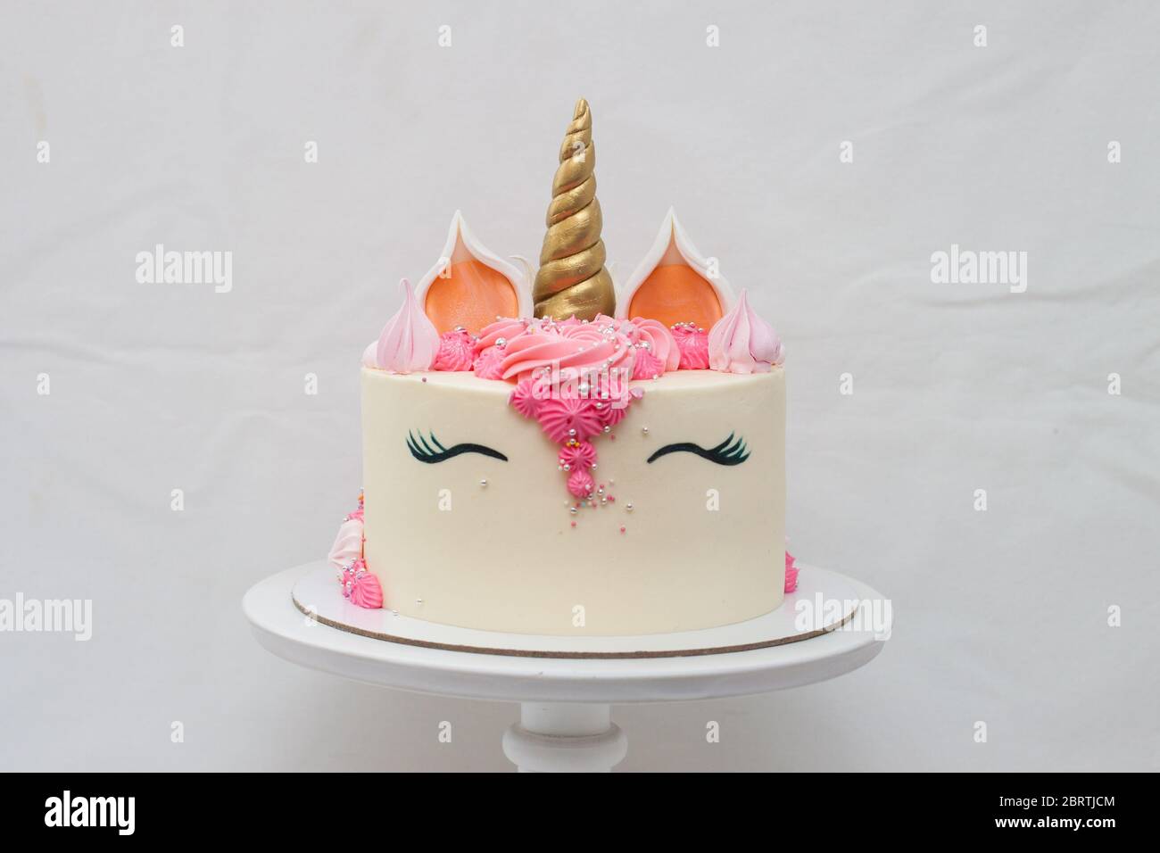 Gâteau au licorne maison décoré de crème fouettée rose. Fond gris clair Uni. Banque D'Images