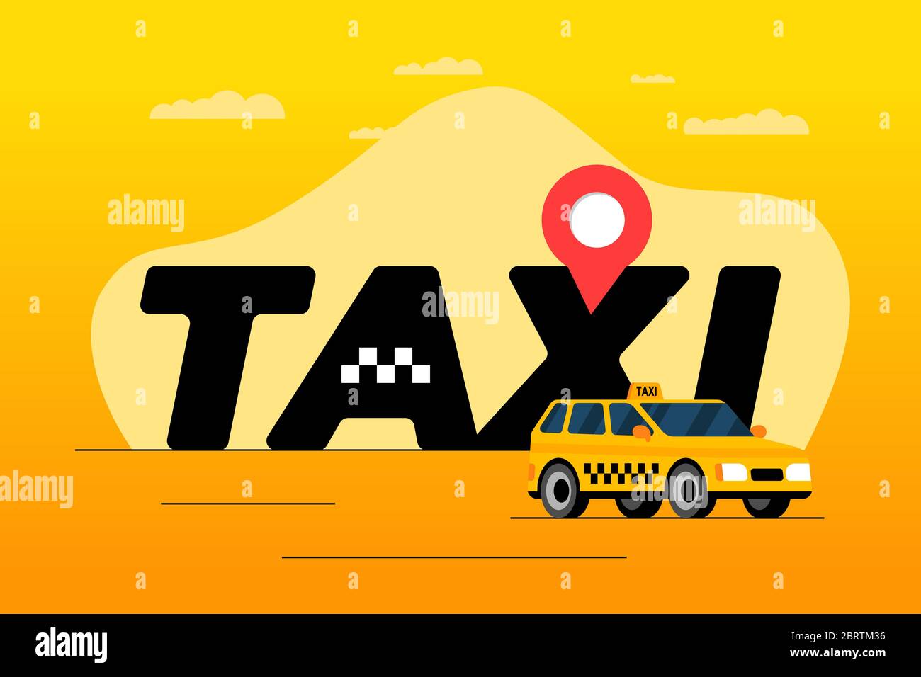 Concept d'affiche de commande de taxi et de service de navigation. Géotag gps emplacement PIN adresse d'arrivée sur la grande inscription et cabine jaune. Obtenez une illustration du vecteur de bannière horizontale plate de taxicab Illustration de Vecteur