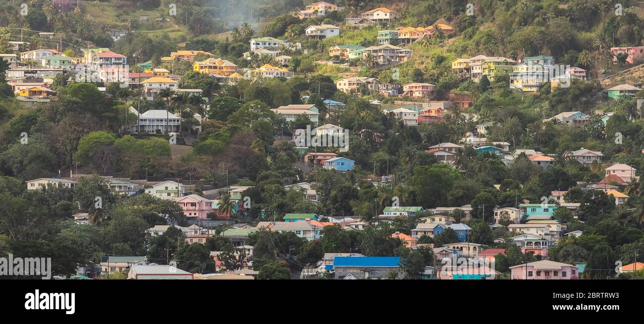 Vue aérienne des maisons de l'île Saint-Vincent dans les Caraïbes Banque D'Images