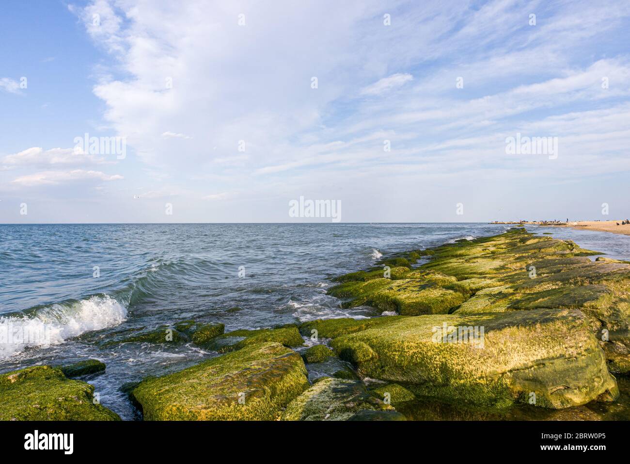 Ligne de brise-lames naturels recouverts d'algues. Avec ciel bleu et vagues sur fond. Banque D'Images