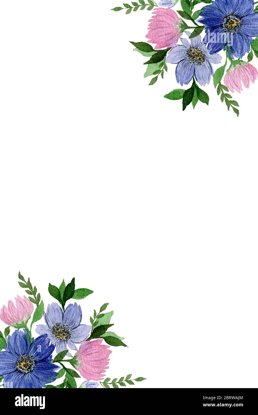cadre de fleurs sauvages printanières dans les couleurs rose et bleu, décoration florale vintage avec espace pour le texte, illustration élégante aquarelle Banque D'Images