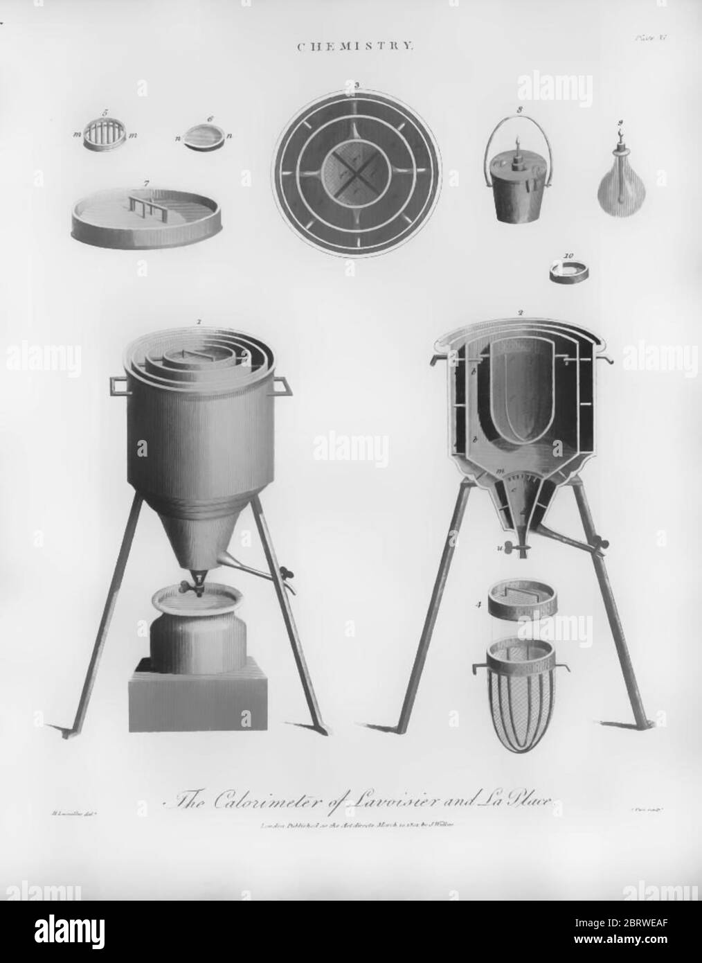 Calorimètre, appareil chimique moderne pour l'étude de la chimie gravure de Copperplate de l'Encyclopedia Londinensis or, Dictionnaire universel des arts, des sciences et de la littérature; Volume IV; édité par Wilkes, John. Publié à Londres en 1810 Banque D'Images