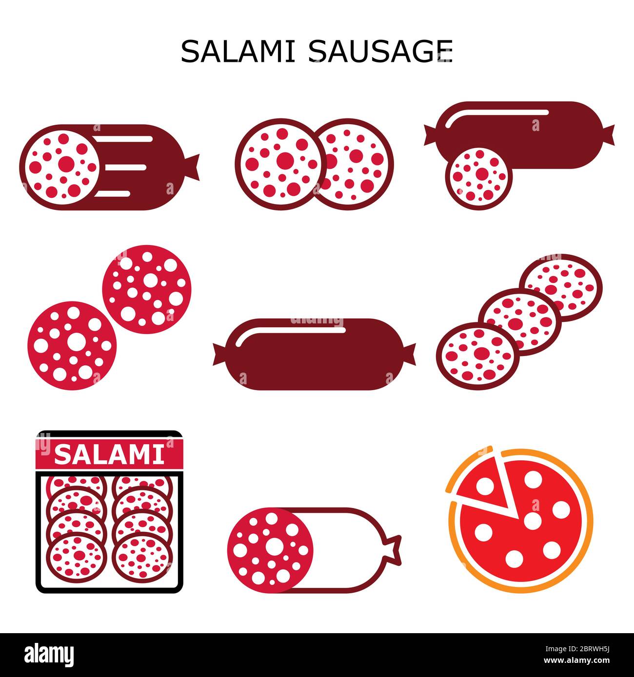 Ensemble de symboles de couleur vecteur de saucisse de salami, tranche de viande de salami, pizza de salami - conception de nourriture Illustration de Vecteur