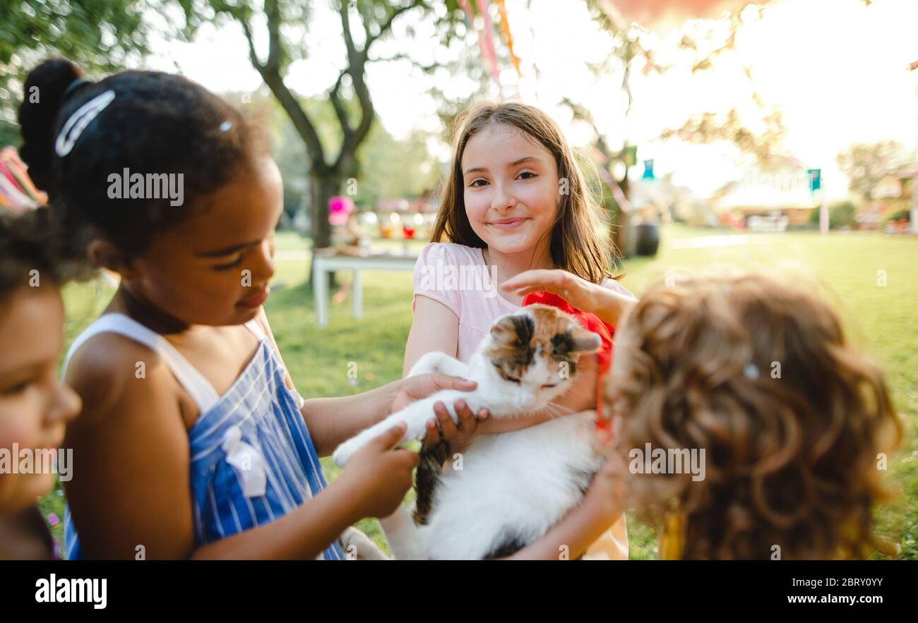 Les petits enfants à l'extérieur dans le jardin en été, tenant le chat d'animal de compagnie présent. Banque D'Images