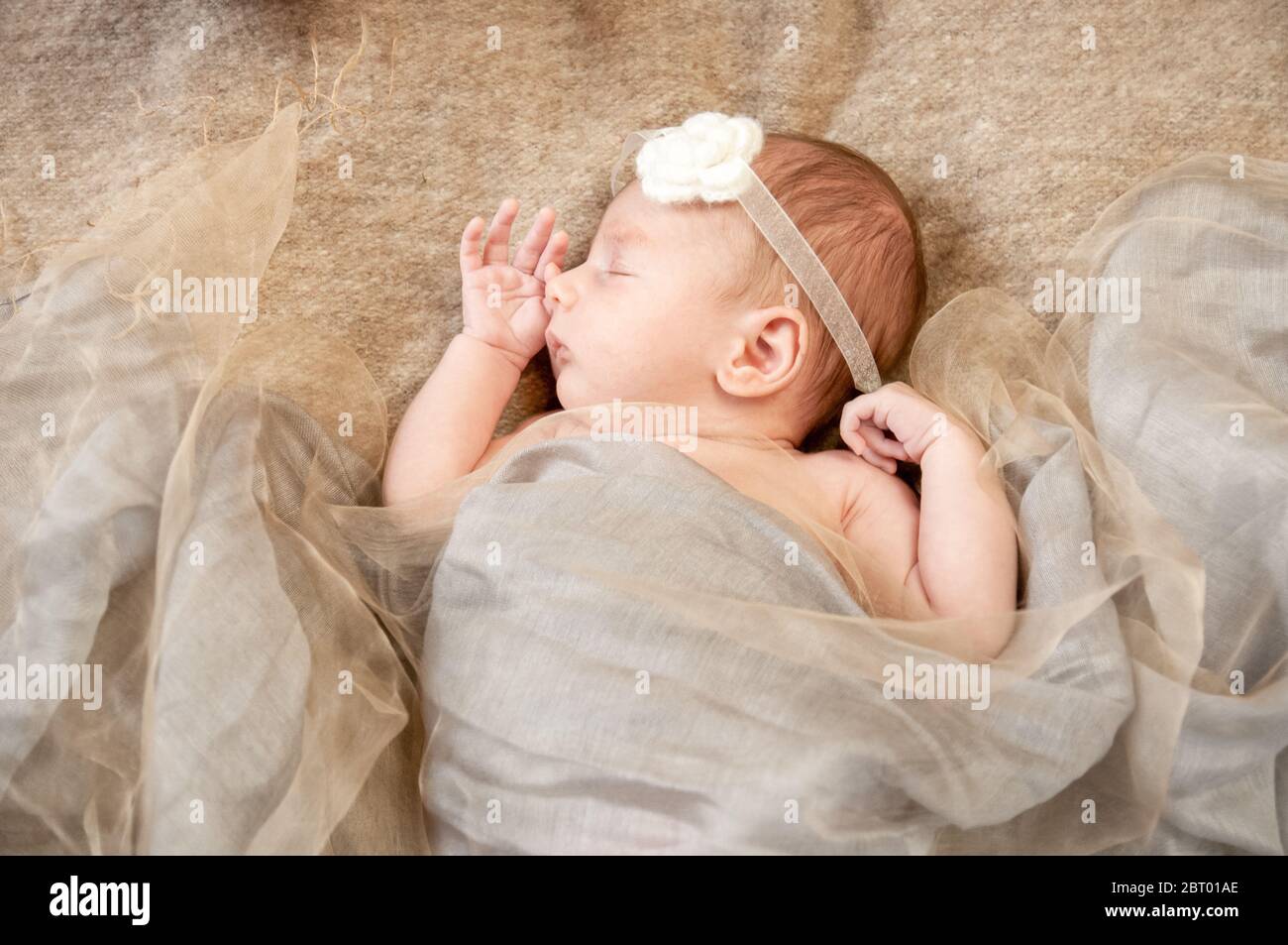 Un bébé de quatre semaines niché dans des couvertures endormie. Banque D'Images