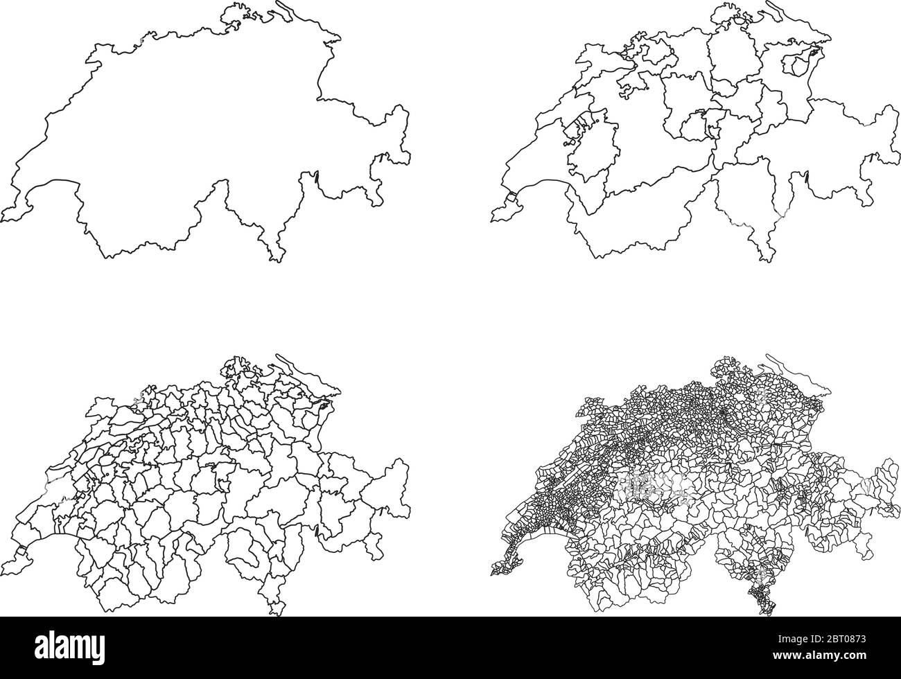 Quatre cartes vectorielles détaillées des régions et des zones administratives de la Suisse en blanc Illustration de Vecteur