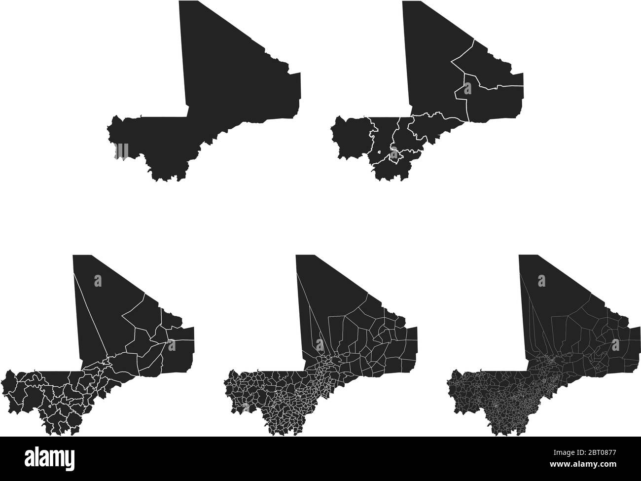 Cartes vectorielles du Mali avec régions administratives, municipalités, départements, frontières Illustration de Vecteur