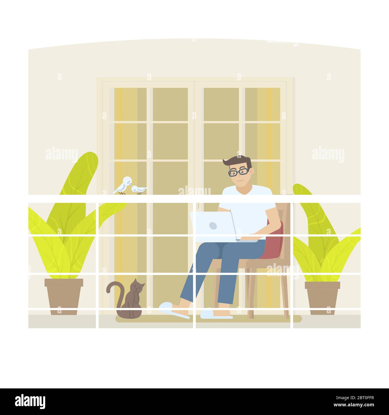 Jeune homme en vêtements décontractés travaillant à la maison en journée avec ordinateur portable sur balcon avec balustrade, porte, rideau, oreiller, plante, chat et oiseaux en f Illustration de Vecteur