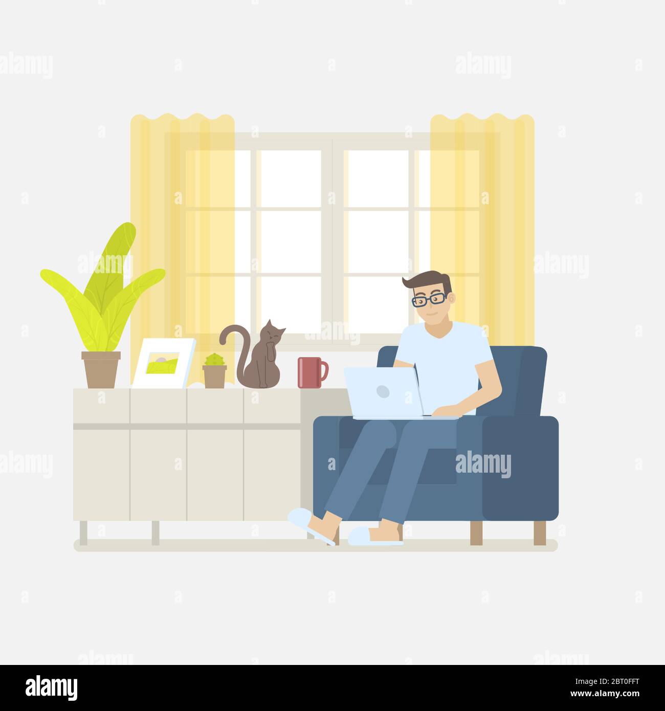Jeune homme en vêtements décontractés travaillant à la maison avec ordinateur portable sur un fauteuil dans un salon intérieur avec fenêtre, rideau, armoire, image fram Illustration de Vecteur