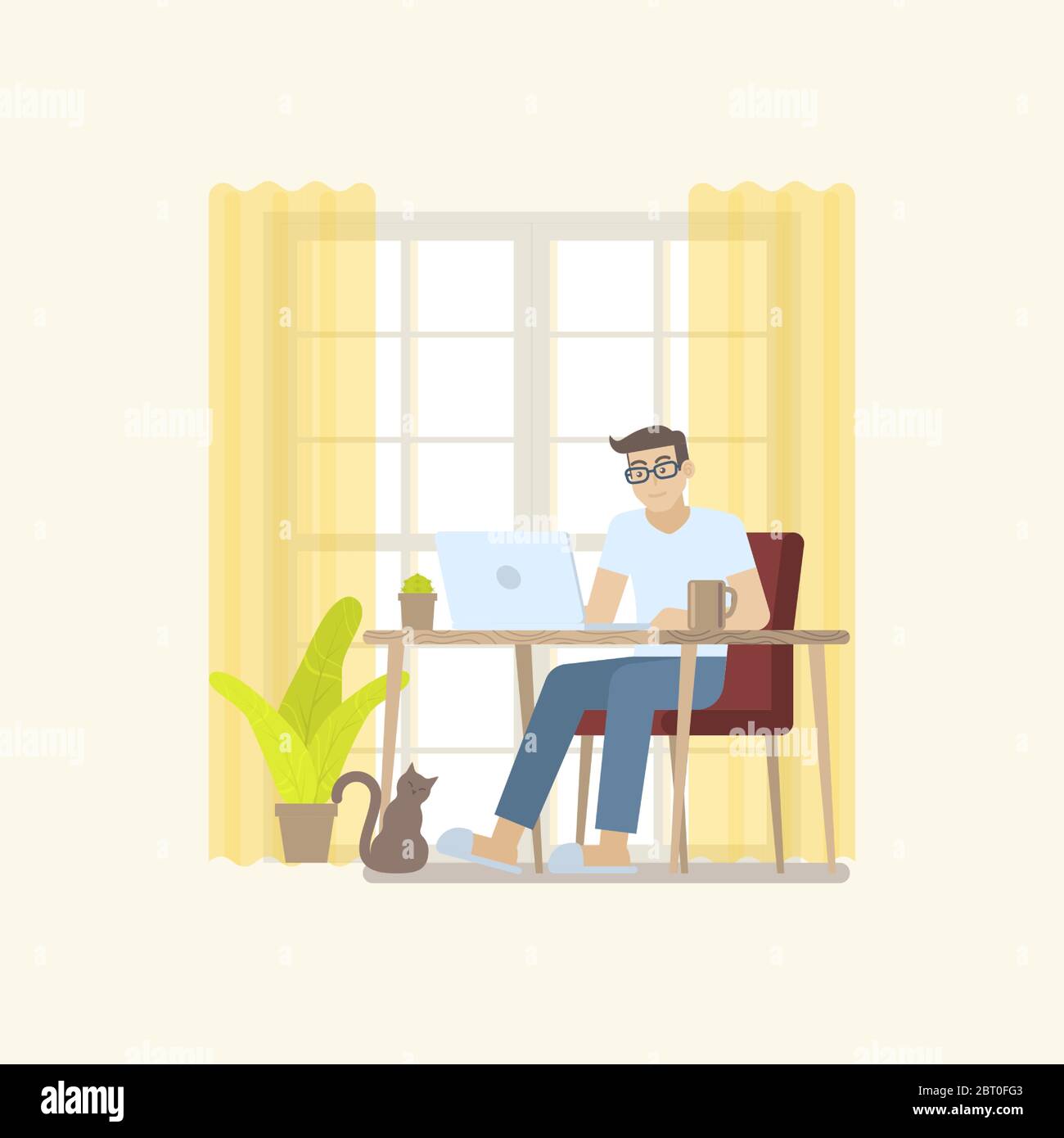 Jeune homme dans des vêtements décontractés travaillant à la maison en journée avec ordinateur portable au bureau dans une chambre intérieure confortable avec porte, rideau, plante, tasse de café et Illustration de Vecteur