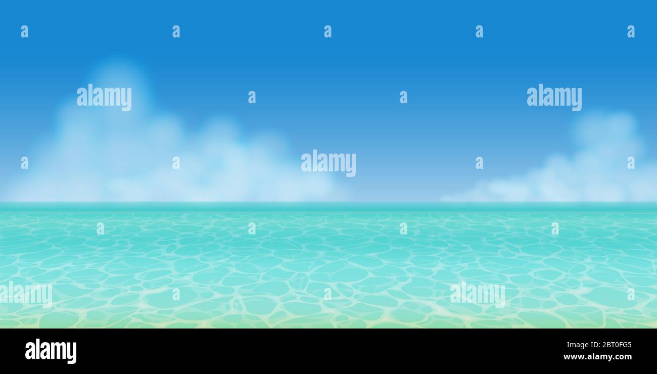 Eaux marines d'été turquoise réalistes et claires avec vue panoramique, ciel bleu et nuages Illustration de Vecteur