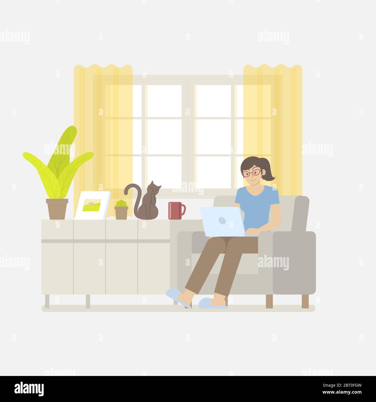 Jeune femme en vêtements décontractés travaillant à la maison avec ordinateur portable sur un fauteuil dans un salon intérieur avec fenêtre, rideau, armoire, cadre photo Illustration de Vecteur