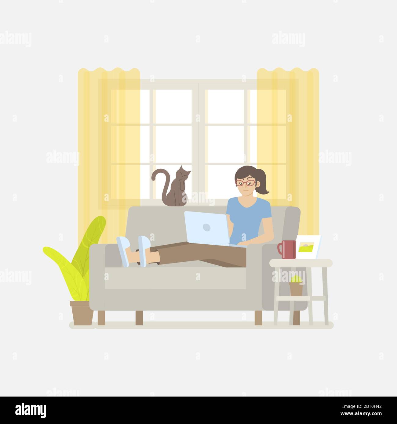 Jeune femme en vêtements décontractés travaillant à la maison avec ordinateur portable sur canapé dans le salon confortable avec fenêtres, rideau, armoire, cadre photo, plante, Illustration de Vecteur