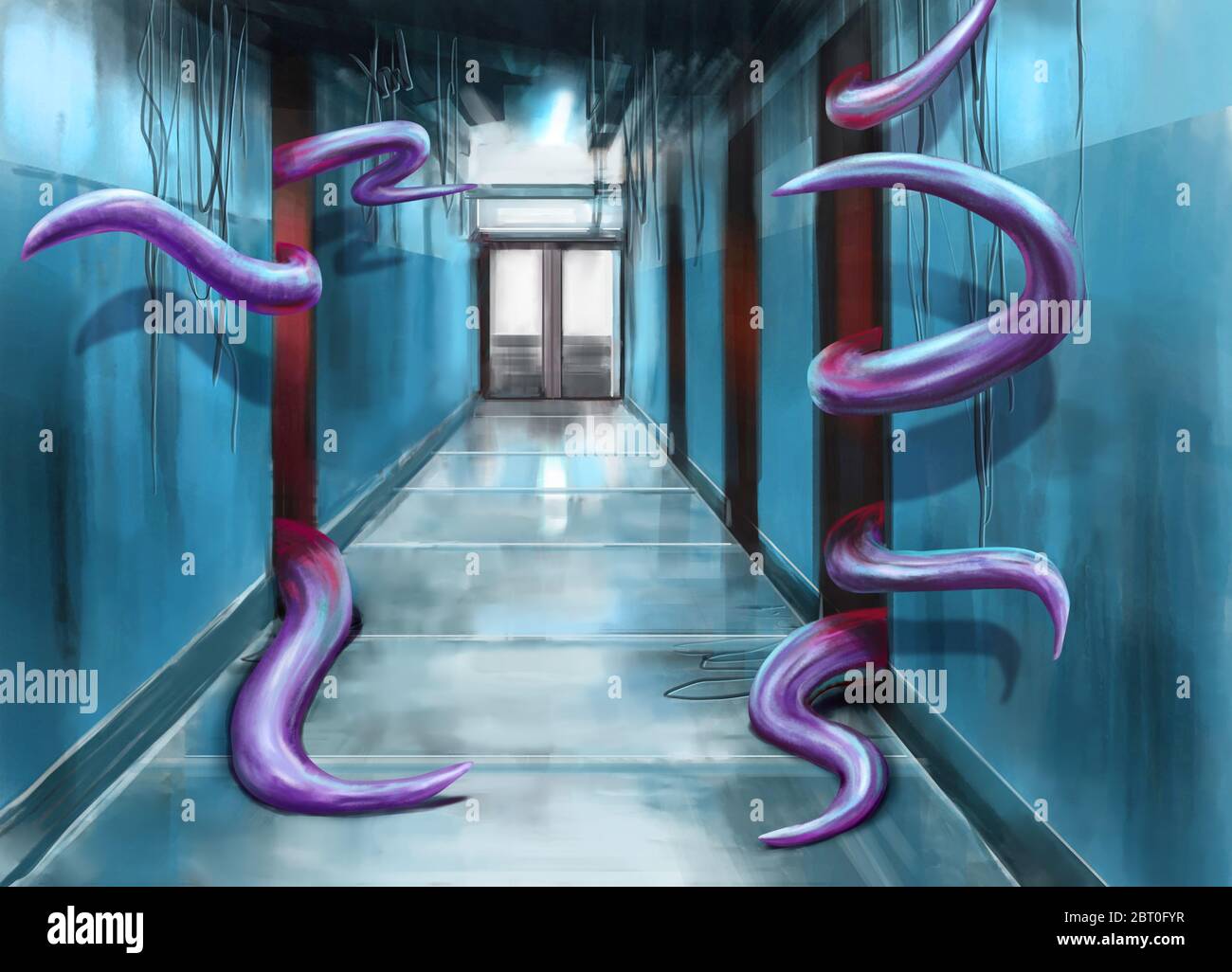 Couloir et tentacules rouge violet fantaisie illustration Banque D'Images
