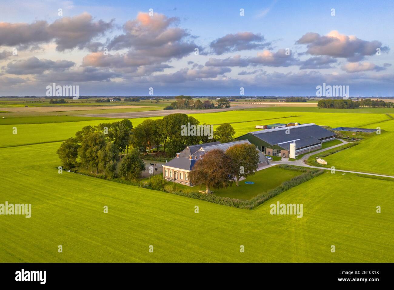 Vue aérienne du paysage des terres agricoles ouvertes avec prairies et fermes sous ciel nuageux ensoleillé au coucher du soleil, Groningen, pays-Bas. Ce type de ferme à récolte unique Banque D'Images