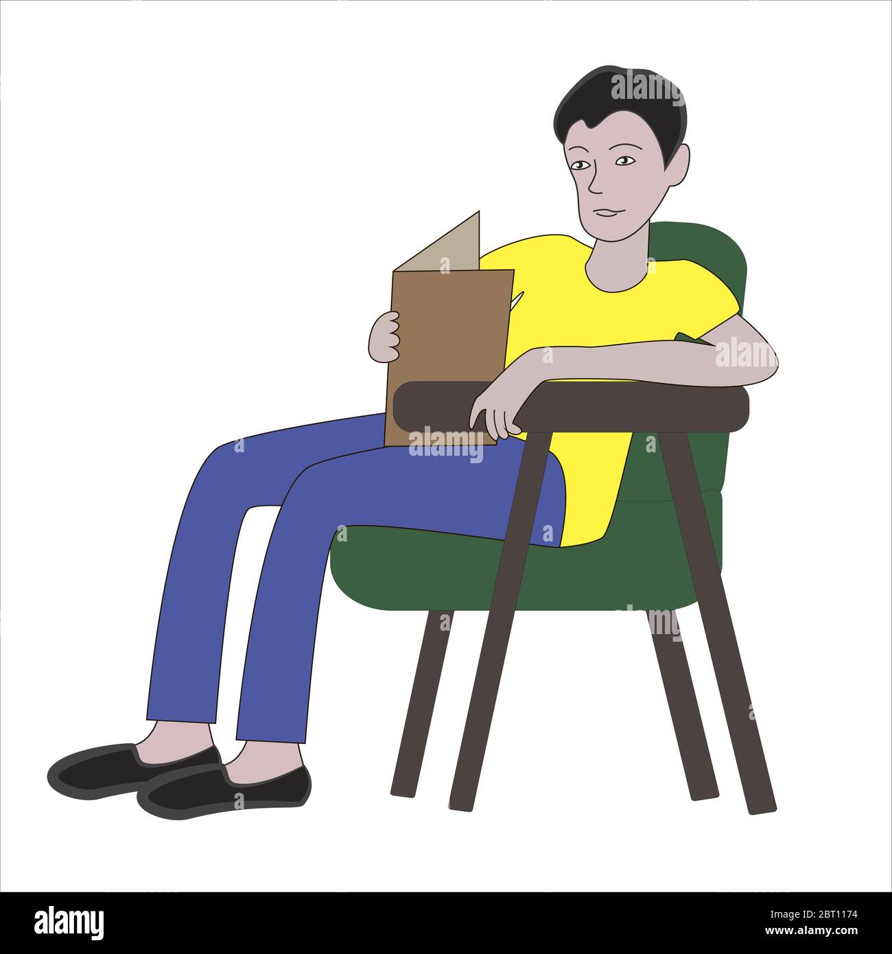 Le gars lit un livre tout en étant assis dans un fauteuil isolé fond blanc. Illustration de Vecteur