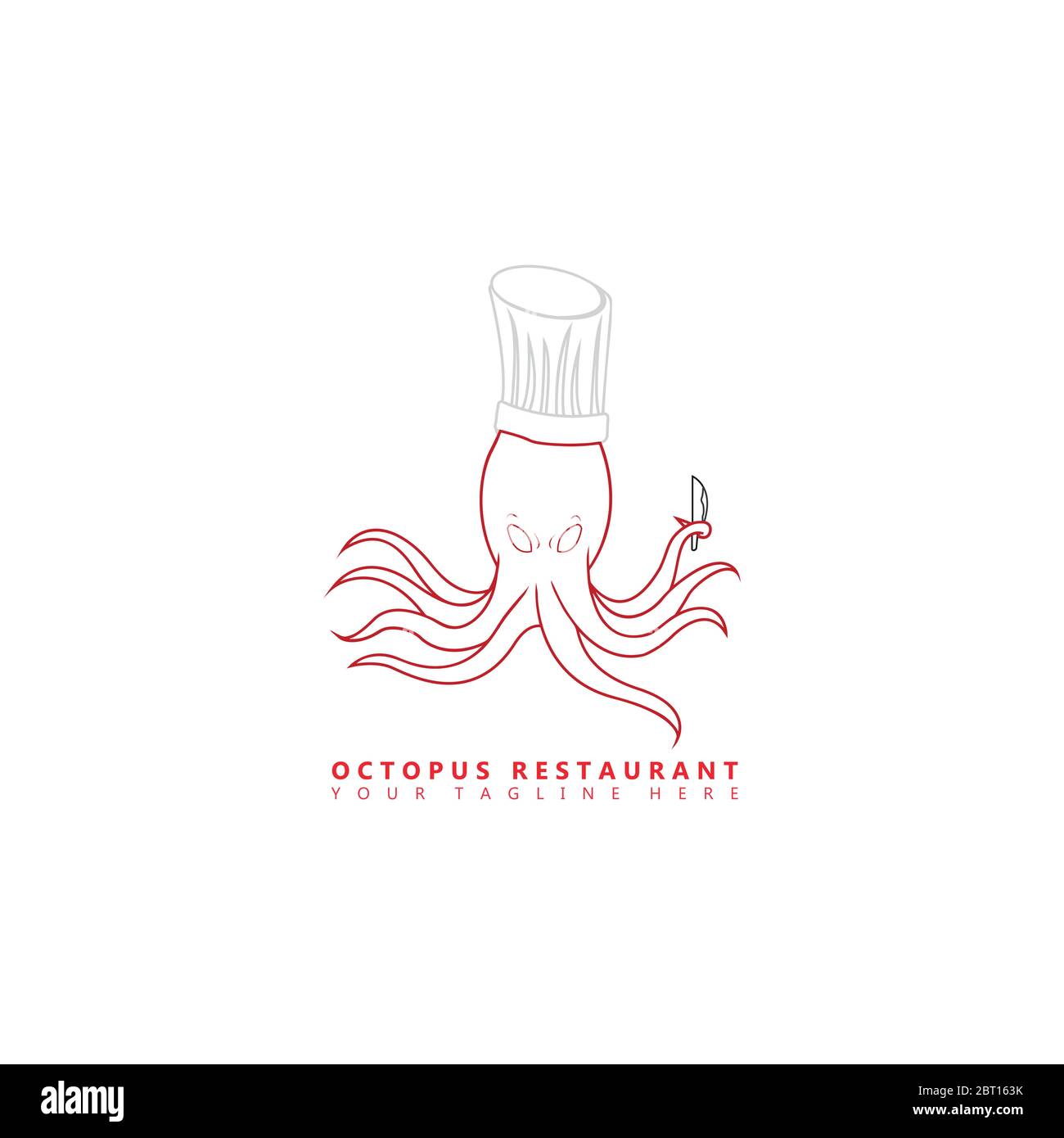 C'est une image d'un logo de mascotte de poulpe qui porte un chapeau de chef et tient un couteau de cuisine dans ses tentacules. Ce logo est adapté à une utilisation dans les toilettes Illustration de Vecteur