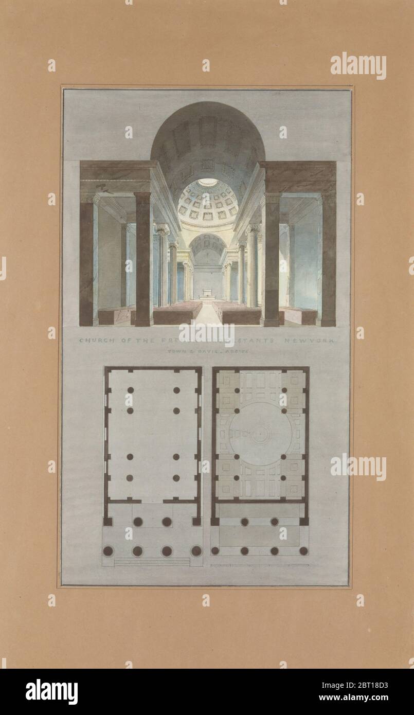 Église des protestants français (Eglise Fran&#xe7; ais du Saint Esprit), New York (section et plan), 1831-34. Banque D'Images