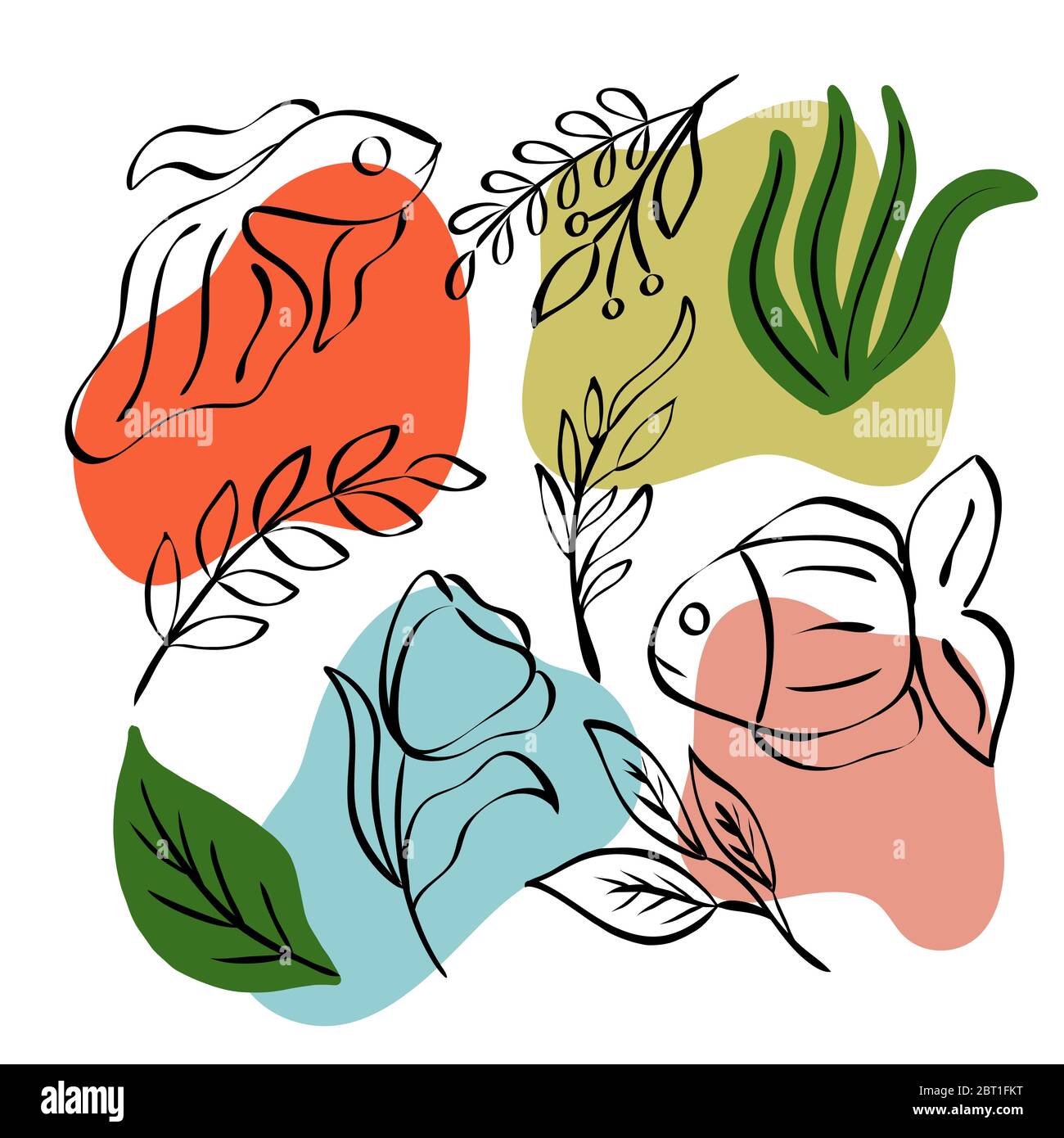Motif abstrait avec taches de couleur, poissons, feuilles, fleurs dans un style linéaire. Graphiques vectoriels pour la conception de cartes postales, affiches, imprimés pour textiles Illustration de Vecteur