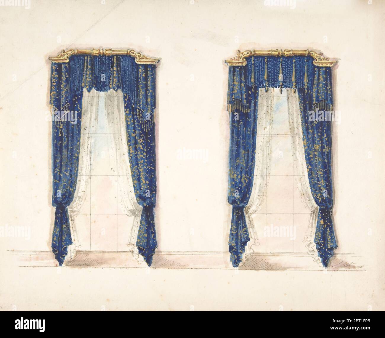 Design pour rideaux bleu et or avec franges or et un pédiment or, début du XIXe siècle. Banque D'Images