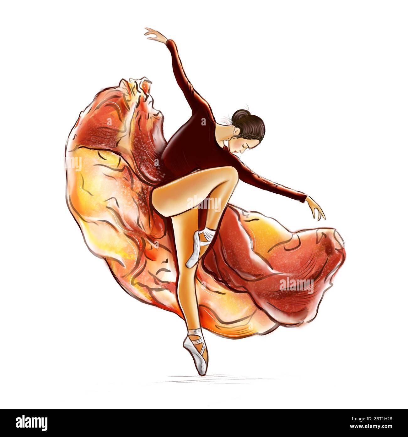 Illustration d'une esquisse de couleur dans un style aquarelle d'un danseur dans une robe noir-orange en mouvement sur un fond blanc isolé. Banque D'Images