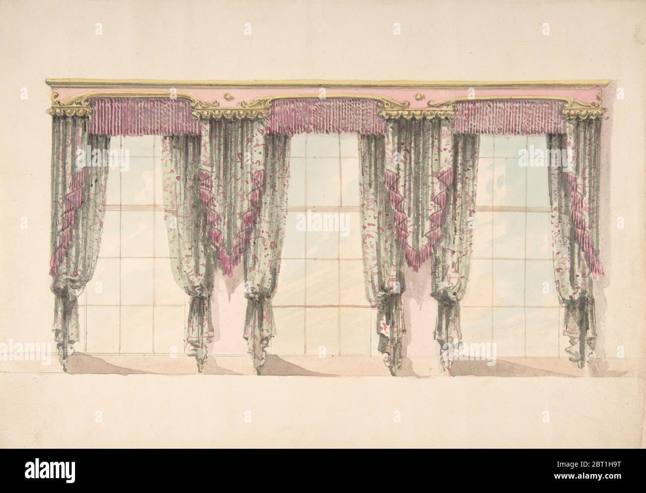 Design pour rideaux gris et roses avec franges roses et un pédigment rose et or, début du XIXe siècle. Banque D'Images