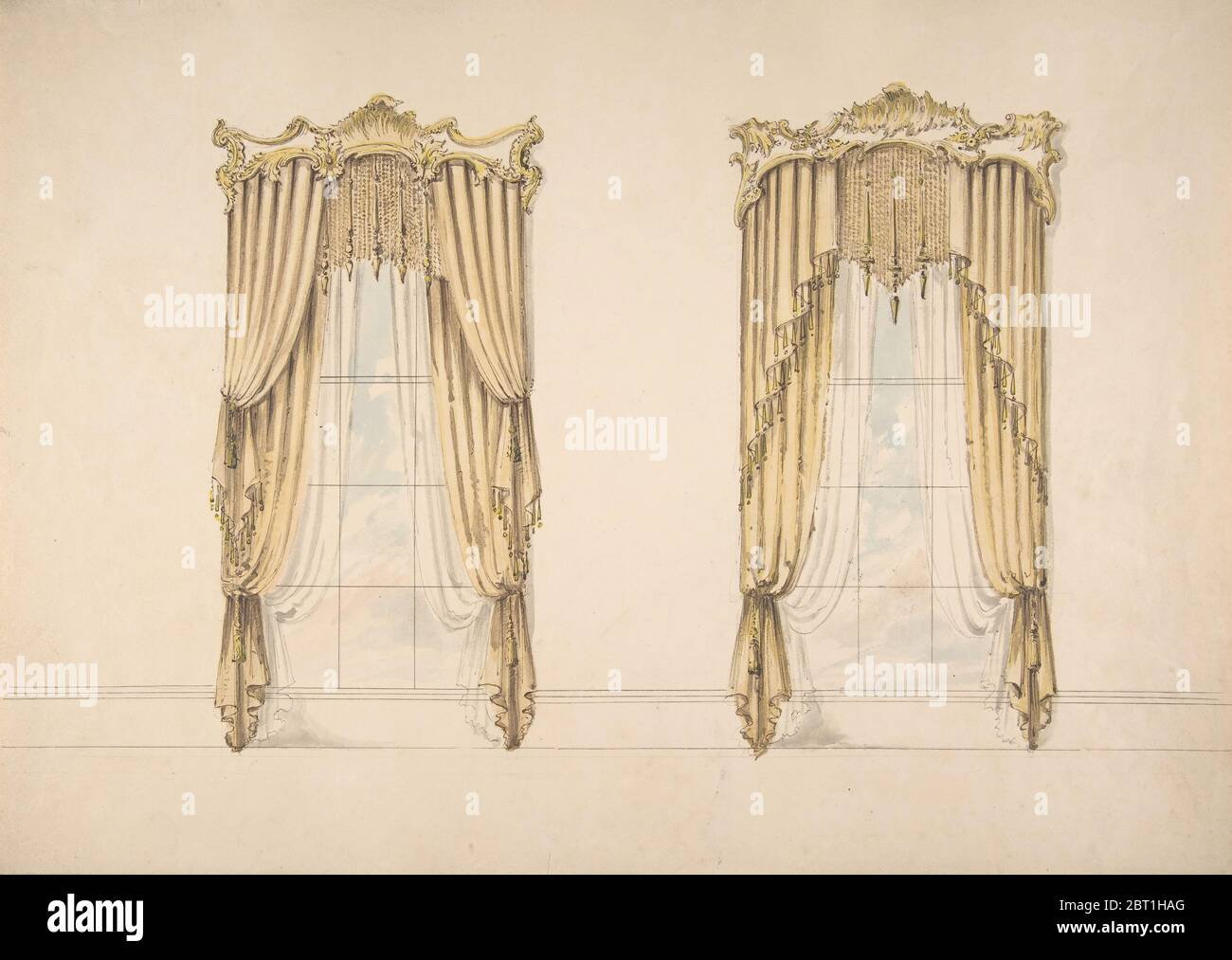Design pour rideaux d'or avec franges d'or et un Pediment d'or et blanc, début du XIXe siècle. Banque D'Images