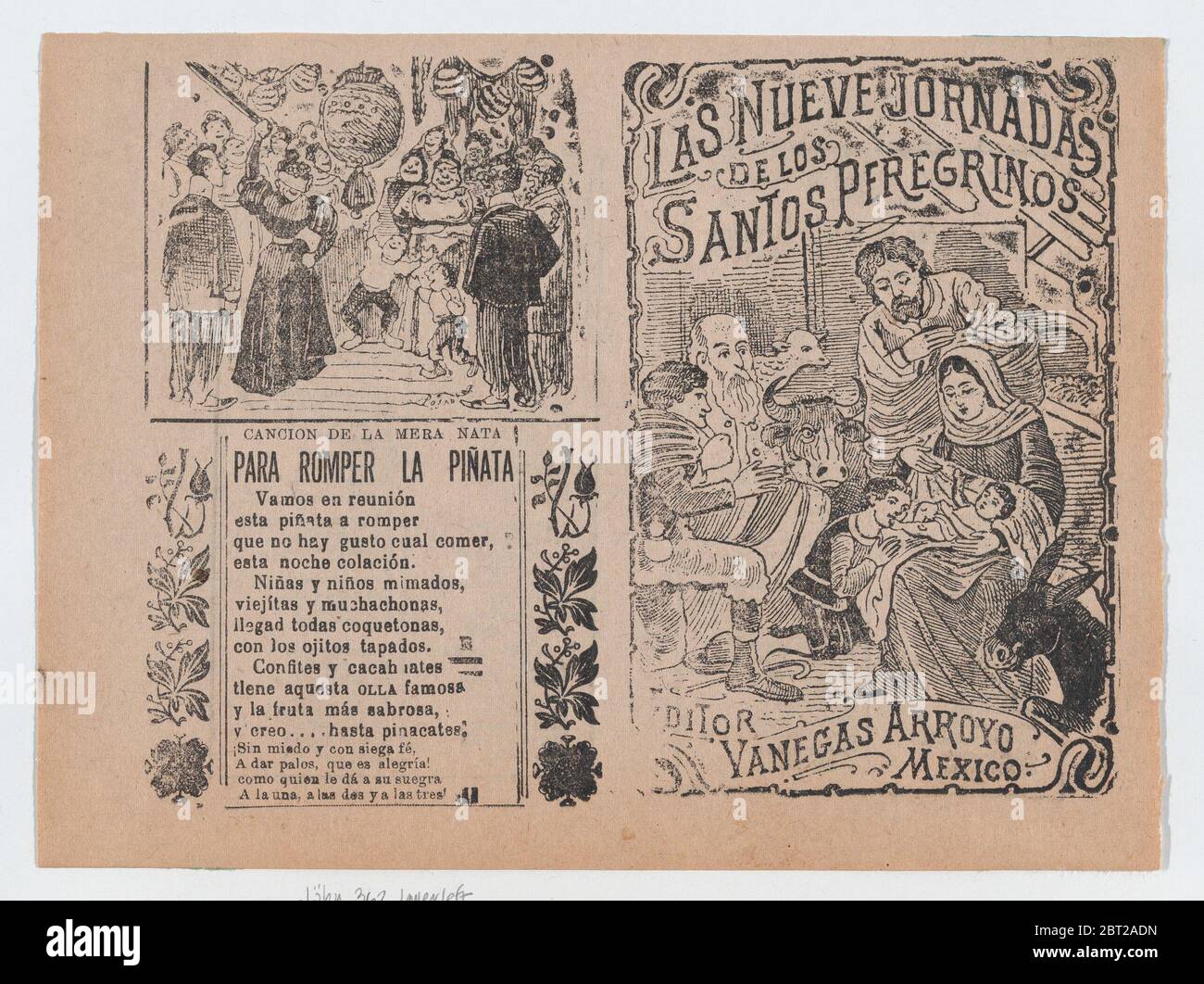 Deux annonces imprimées sur la même feuille pour les documents publiés par Vanegas Arroyo, l'une à gauche a des versets à accompagner la rupture d'un pi&#xf1;ata et à droite, concernant les pèlerins religieux avec une image de la Nativité, ca. 1900-1910. Banque D'Images