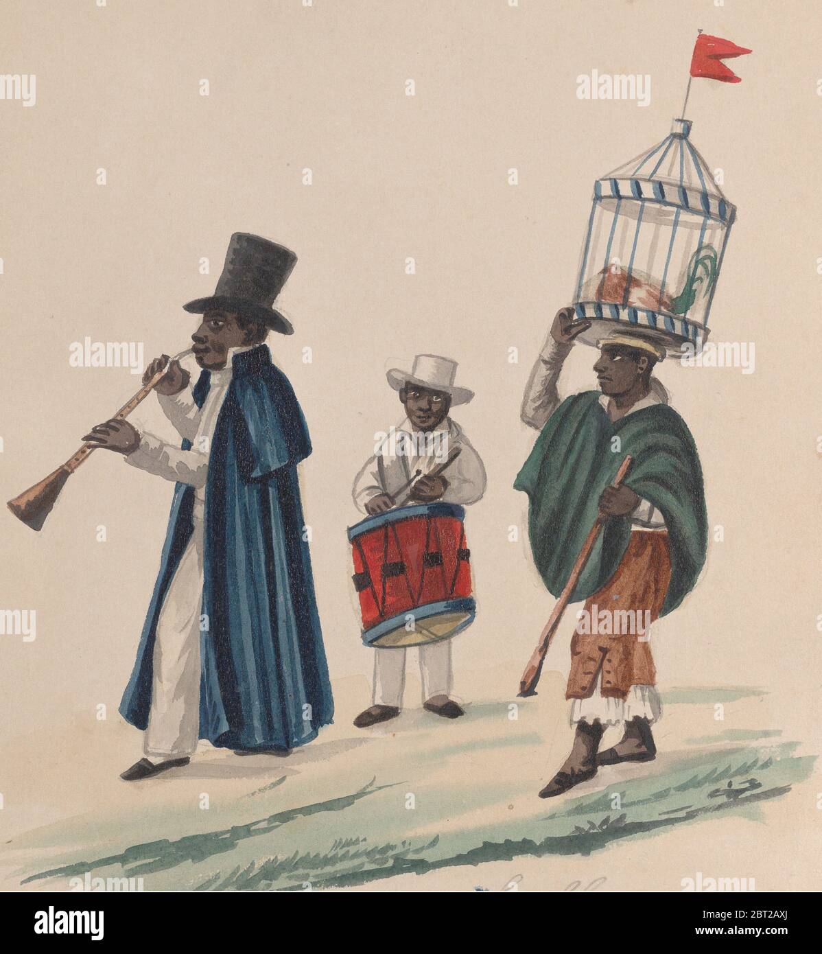 Deux musiciens et un homme portant sur sa tête un coq en cage, d'un groupe de dessins représentant le costume péruvien, ca. 1848. Banque D'Images