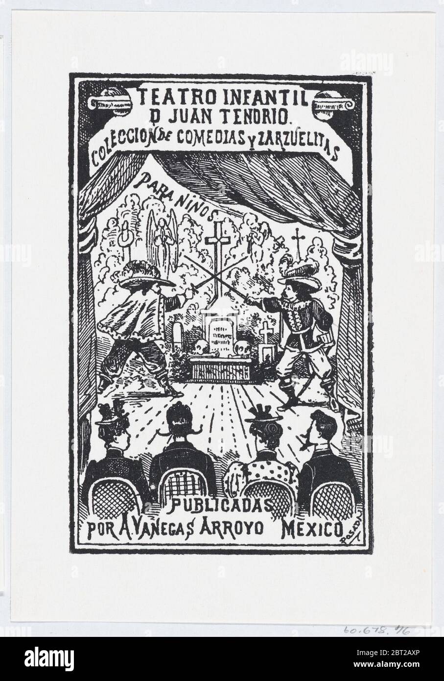 Deux hommes qui se sont présentés sur une scène devant un public, illustration du Teatro Infantil de Juan Tenorio, publié par Antonio Vanegas Arroyo, ca. 1880-1910. Banque D'Images
