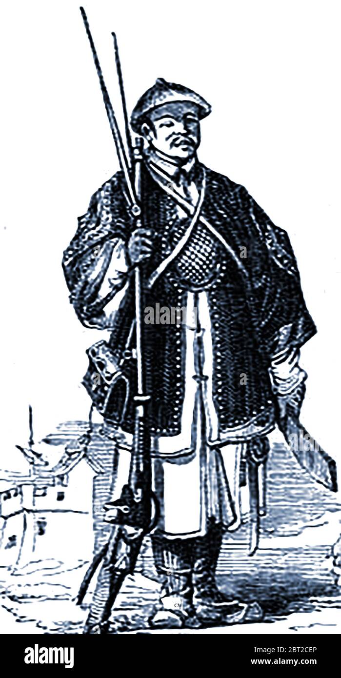 Illustration de 1840 montrant un soldat d'artillerie chinois (swordsman) dans l'uniforme de l'époque. Banque D'Images