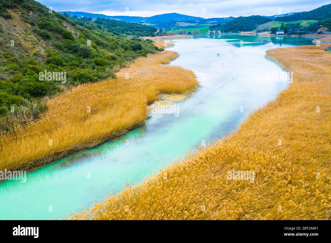 Vue aérienne sur la rivière et le lit reedbed. Banque D'Images