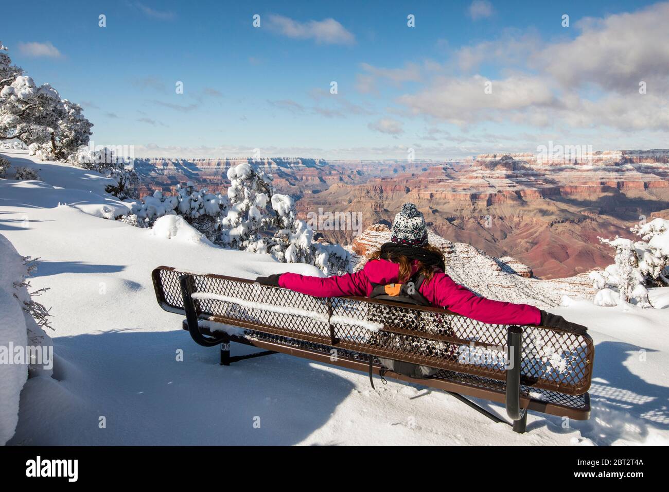 Femme assise sur un banc et regardant la vue, parc national du Grand Canyon, Arizona, États-Unis Banque D'Images