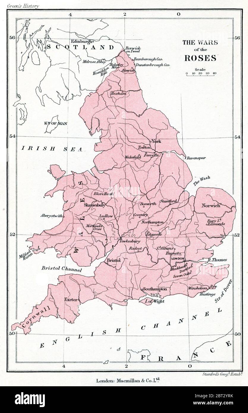 Les guerres des Roses: Une carte de la Grande-Bretagne pendant les guerres des Roses. Les guerres des Roses étaient une série de guerres civiles anglaises pour le contrôle du trône d'Angleterre qui se sont affrontées entre les partisans de deux branches de cadets rivales de la Maison de Plantagenet et de la Maison de Lancaster entre 1455 et 1487. Banque D'Images