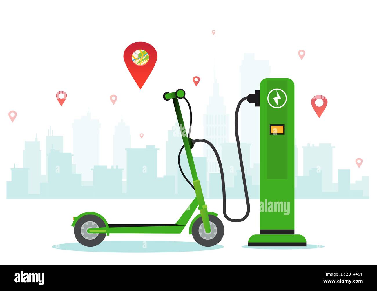 Vecteur d'un scooter électrique à une station de charge Illustration de Vecteur