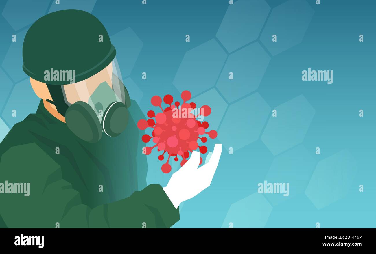 Vecteur d'un médecin portant un équipement personnel de protection qui examine le modèle du coronavirus Illustration de Vecteur