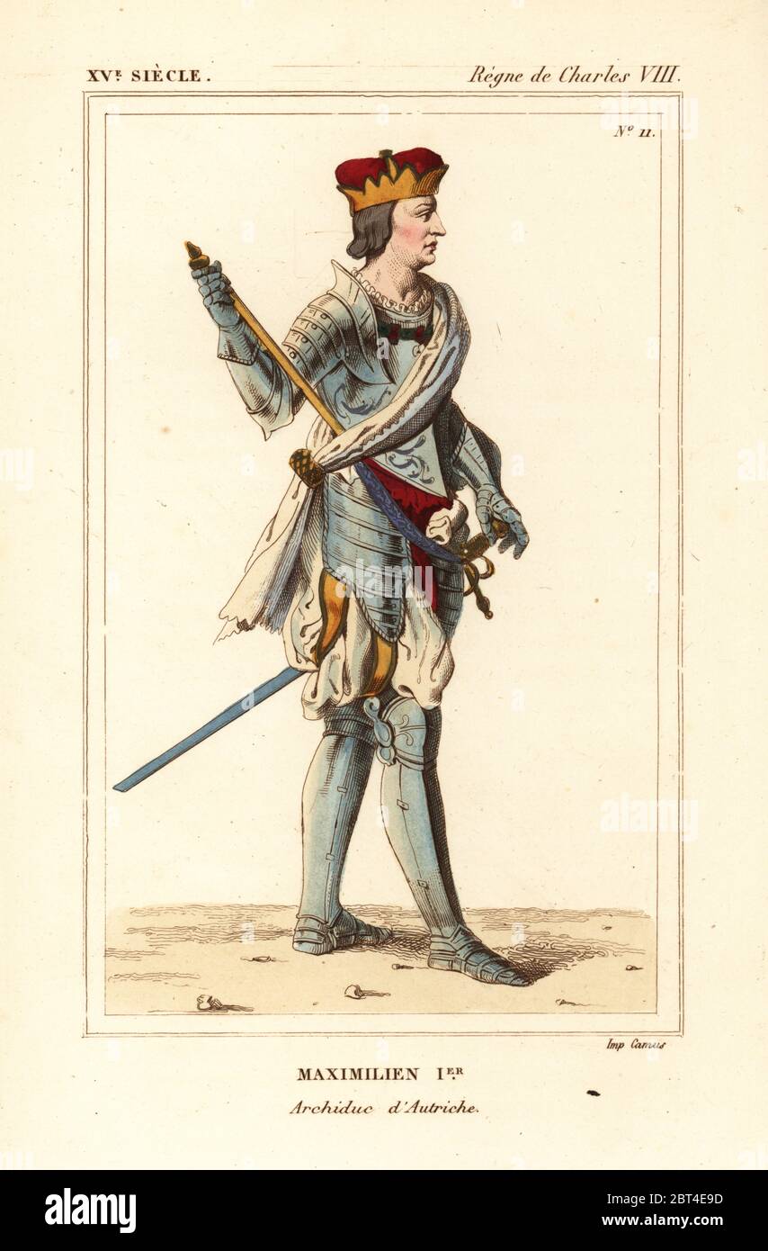 Maximilien I , empereur d'Allemagne, Archiduc d'Austriche 1459-1519. Lithographie coloriée de : Le Bibliophile Jacob aka Paul Lacroix Costumes historiques de la France (Costumes historiques de la France), Administration de librairie, Paris, 1852. Banque D'Images