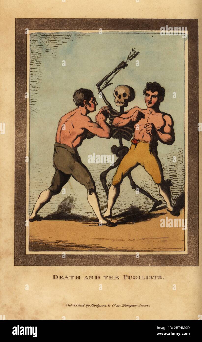 Squelette de la mort visant une fléchettes à des boxeurs de barebuckle pendant un combat. La mort et les Pugilistes. Gravure de copperplate en couleur main par Joshua Gleadah, d'après une illustration du Bénédictus Antonio Van Assen de la British Dance of Death, Hodgson, Londres, 1823. Banque D'Images