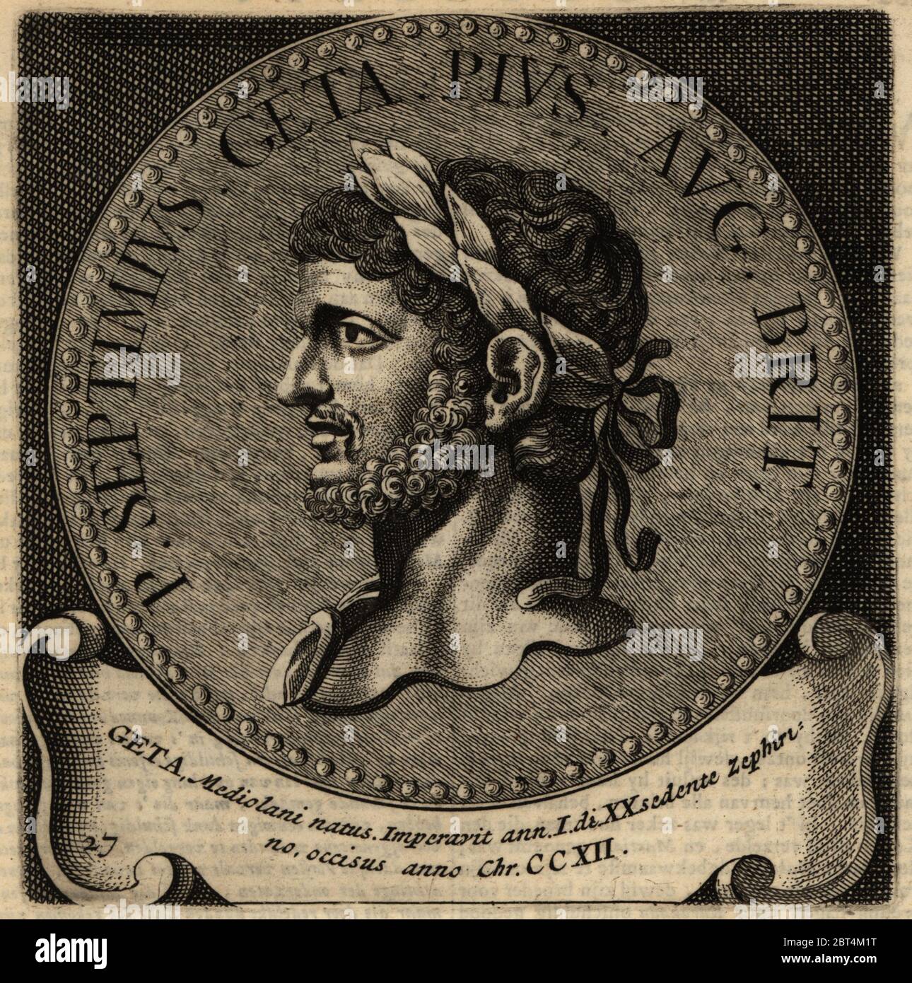 Empereur romain Geta, 189-211. Publius ou Lucius, Septimius Geta Augustus. Gravure sur plaque de coperplate d'Abraham Bogaerts de Roomsche monarchie, la monarchie romaine, François Salma, Utrecht, 1697. Banque D'Images