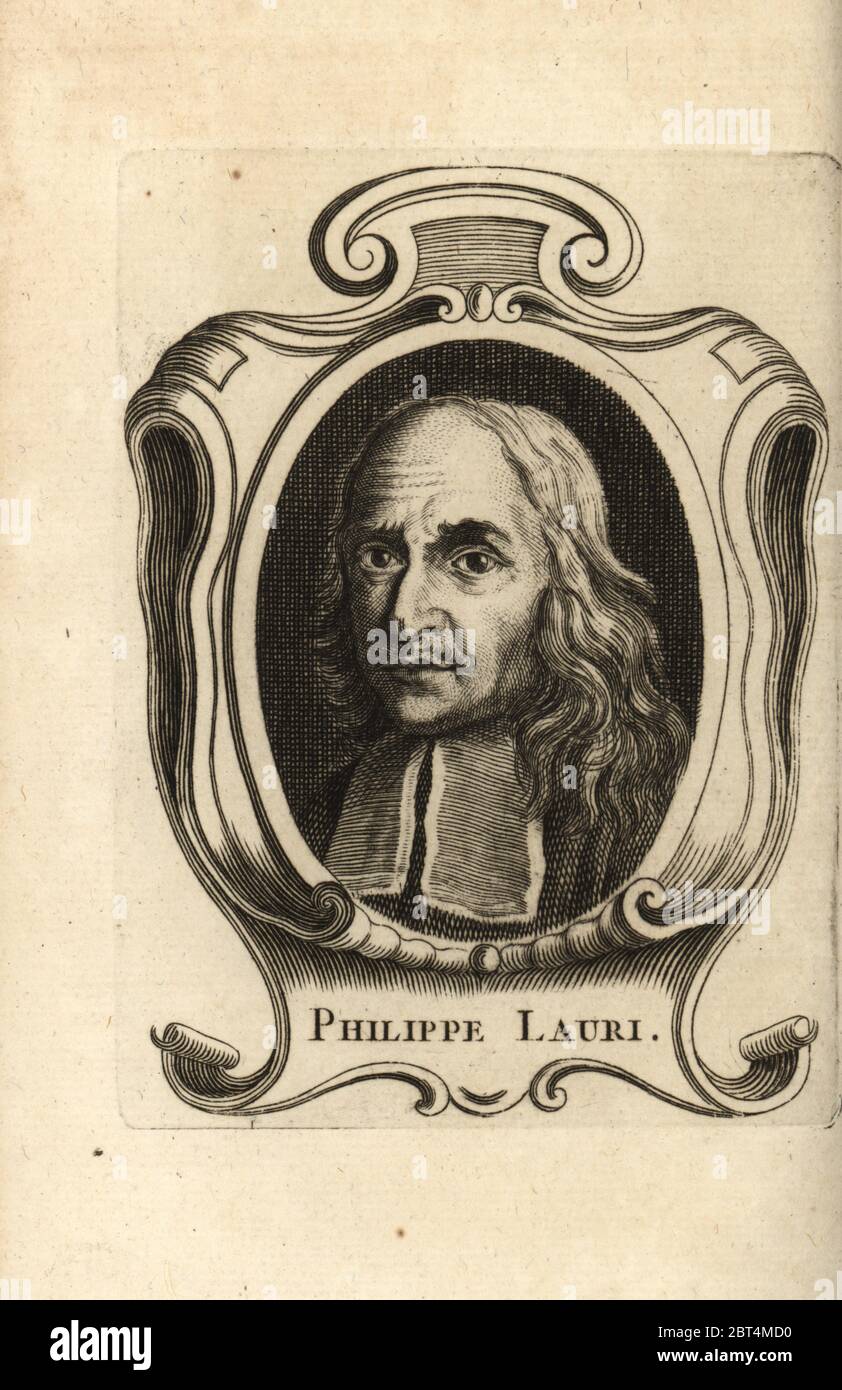 Portrait de Filippo Lauri, peintre italien de la période baroque 1623-1694. Philippe Lauri. Gravure sur plaque de copperplate d'Antoine-Joseph Dezallier dArgenvilles Abrege de la vie des plus fameux peintres, vie des artistes les plus célèbres, de Bure Laine, Paris, 1762. Banque D'Images