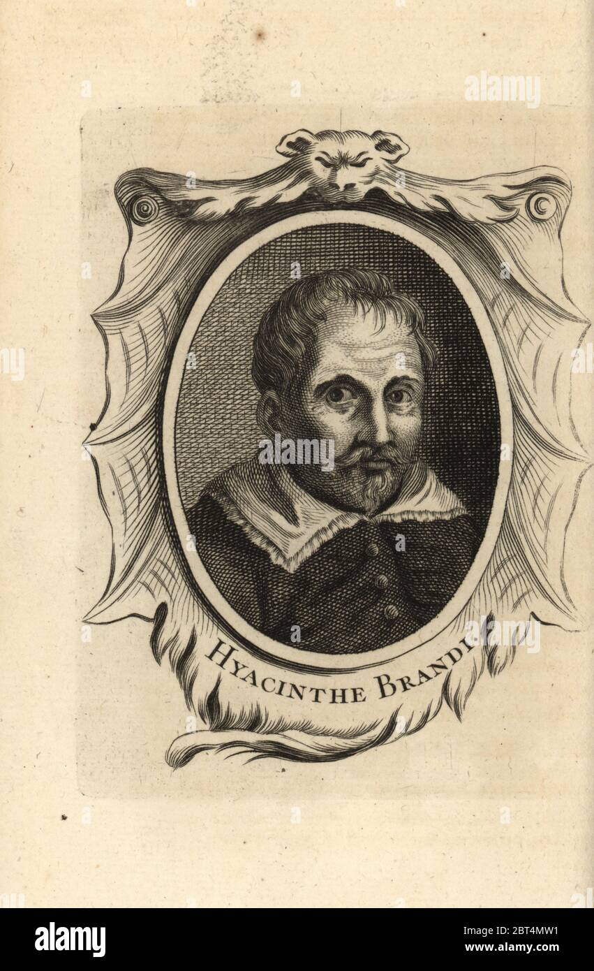 Portrait de Giacinto Brandi, peintre italien de l'époque baroque, 1621-1691. Hyacinthe Brandi. Gravure sur plaque de copperplate d'Antoine-Joseph Dezallier dArgenvilles Abrege de la vie des plus fameux peintres, vie des artistes les plus célèbres, de Bure Laine, Paris, 1762. Banque D'Images