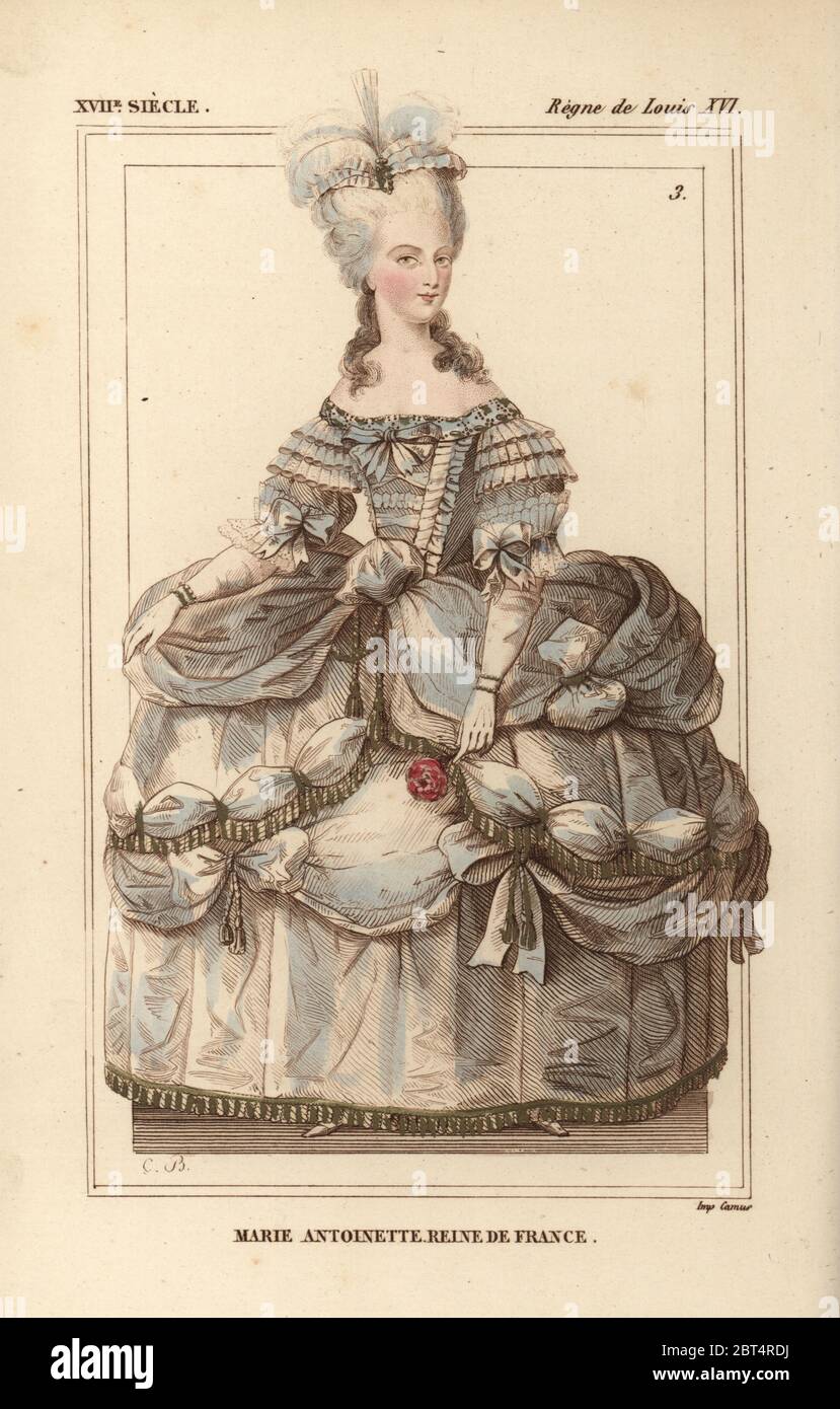 Marie Antoinette, Reine de France, épouse du roi Louis XVI. Lithographie coloriée par Charles Breton après un portrait à Versailles de : Le Bibliophile Jacob aka Paul Lacroix Costumes historiques de la France (Costumes historiques de la France), Administration de librairie, Paris, 1852. Banque D'Images