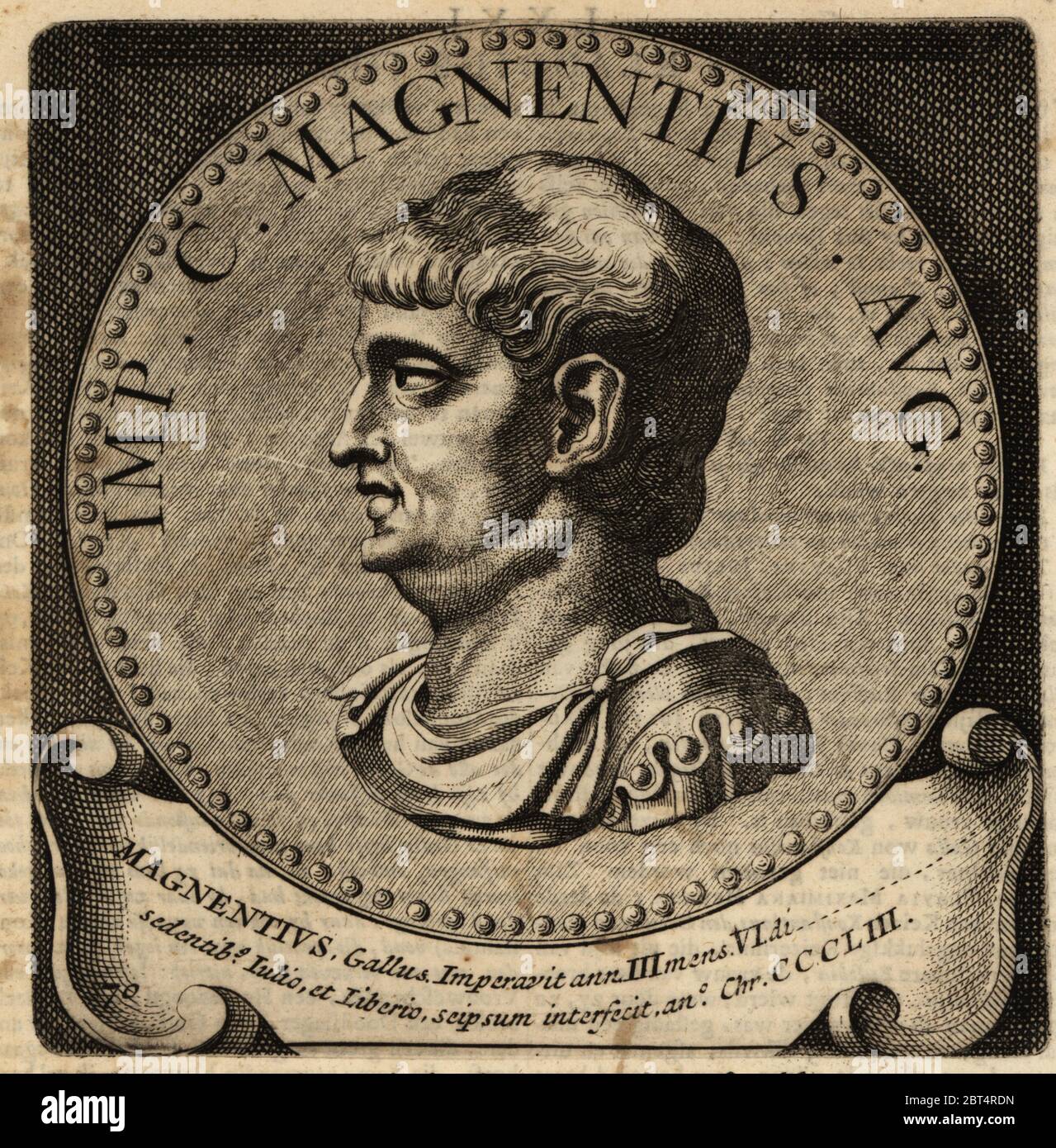 Empereur romain Magnentius, 303-353. Flavius Magnus Magnentius Augustus. Gravure sur plaque de coperplate d'Abraham Bogaerts de Roomsche monarchie, la monarchie romaine, François Salma, Utrecht, 1697. Banque D'Images