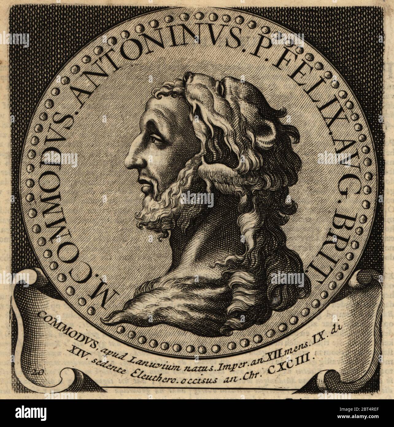 Empereur romain Commodus, 161AD-192AD, Lucius Aurelius Commodus, Lucius Aelius Aurelius Commodus. Gravure sur plaque de coperplate d'Abraham Bogaerts de Roomsche monarchie, la monarchie romaine, François Salma, Utrecht, 1697. Banque D'Images
