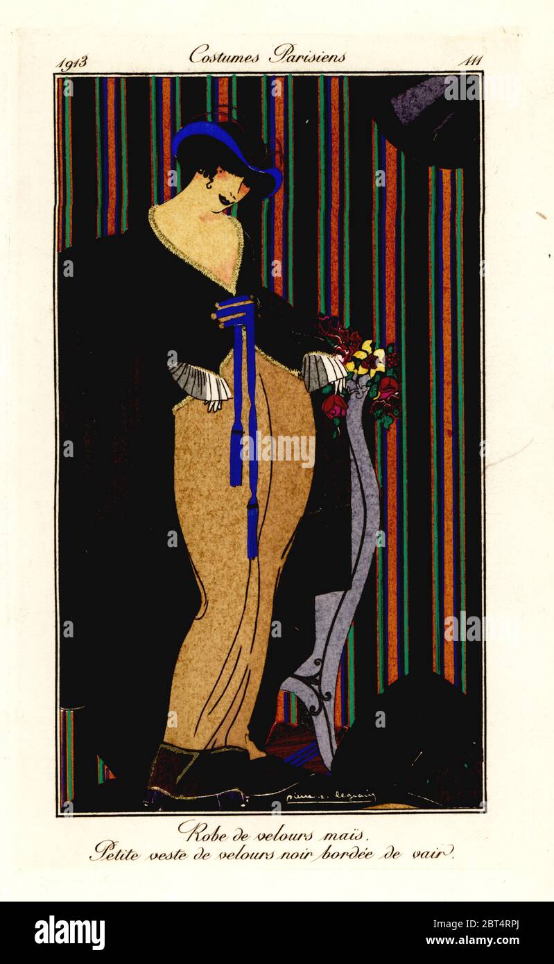 Femme en robe de velours jaune-maïs avec un petit gilet de velours noir.  Robe de velours mais, petite veste de velours noir bordee de vair. Pochoeur  de couleur main (pochoir) gravé après