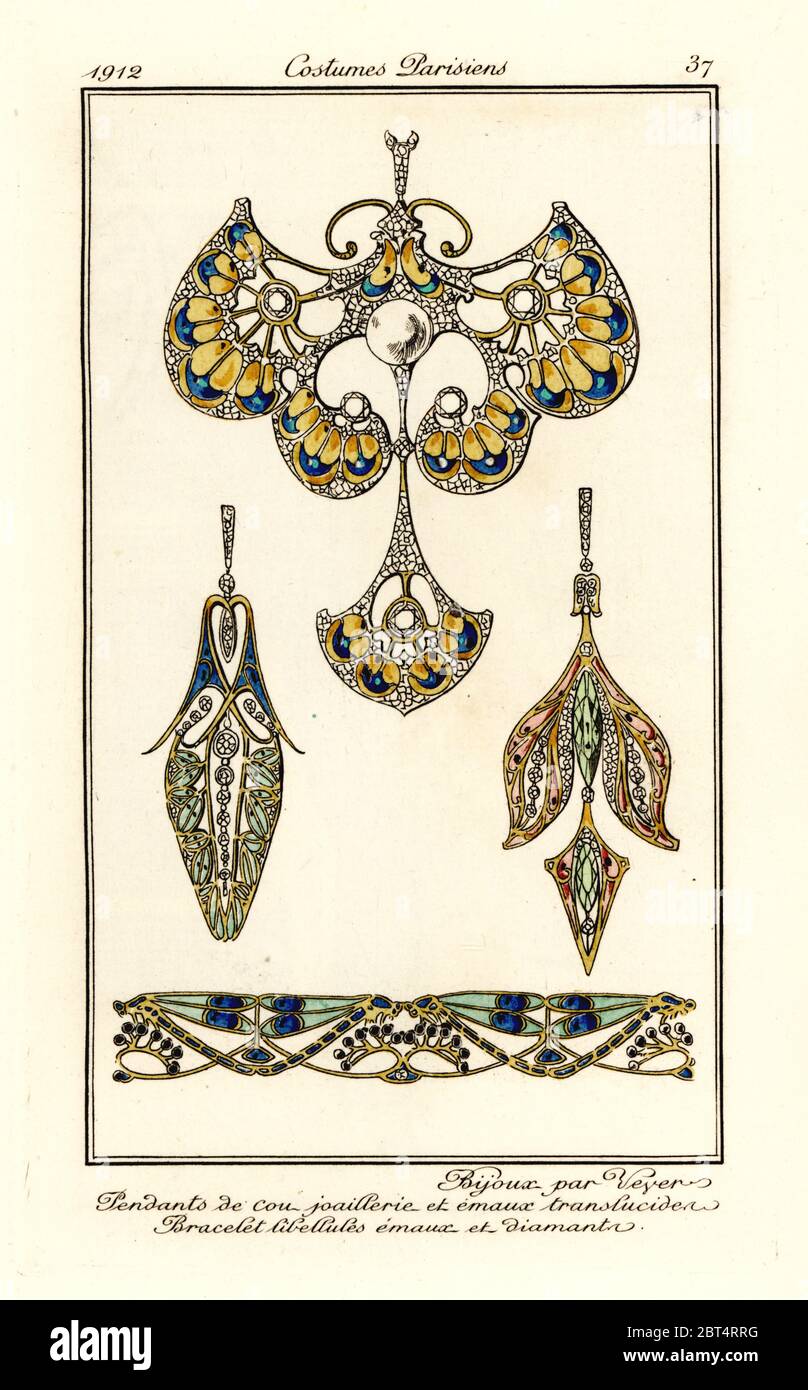 Bijoux de Veyer. Boucles d'oreilles, collier et bracelet libellule en émail  et diamants. Bijoux par Veyer. Pendentifs de cou joaillerie et emaux  translucide, bracelets de décoration emaux et diamants. Pochoeur (pochoir)  de